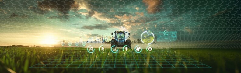 Panoramic tractor driving spraying or harvesting an agricultural crop,irrigation,agriculture technology,with information infographic data for agriculture industry and food supply production concept