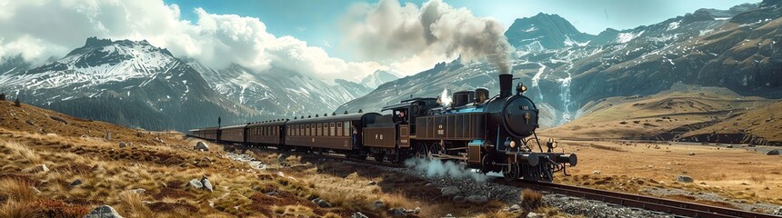 Vintage train in the mountains, panoramic view of a vintage steam engine and passenger cars with passengers in a mountainous landscape, high resolution photography