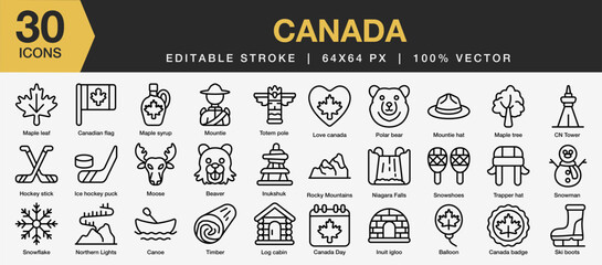 Set of 30 Canada icon set. Editable Stroke Icon Collection. Includes polar bear, moose, inukshuk, inuit igloo, snowflake and More. Outline icons vector collection.