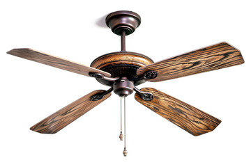 A rustic wooden ceiling fan with five blades and a pull chain control isolated on a solid white...