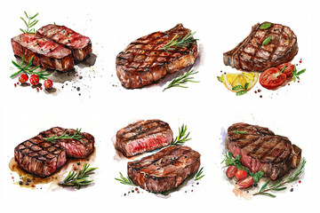 Watercolor set of beef steak isolated on white background.