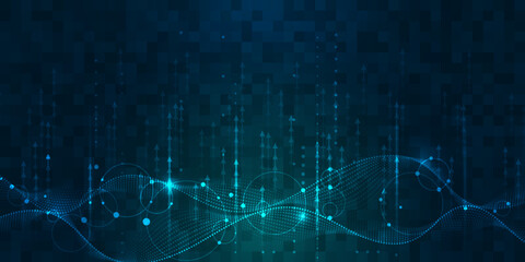 Illustration vector abstract wave, flow line, motion pattern and particle dot on dark blue background. Modern futuristic, big data design for background. Digital datum, high tech, technology concept