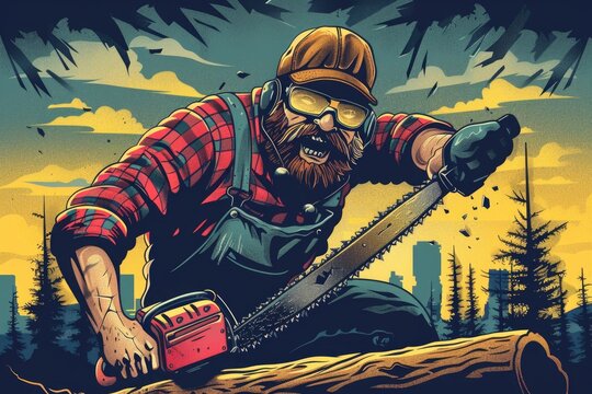 A man using a chainsaw to cut a log. Perfect for forestry or woodworking projects