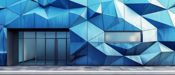 Create a 3D rendering of a modern geometric building with blue metal paneling