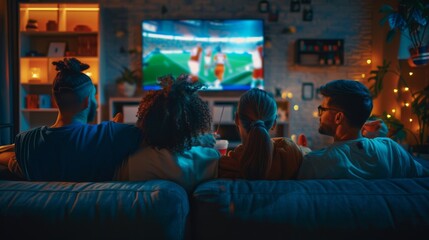 Group of friends watching a sports game on TV. They cheer and chant for the team, celebrate winning...