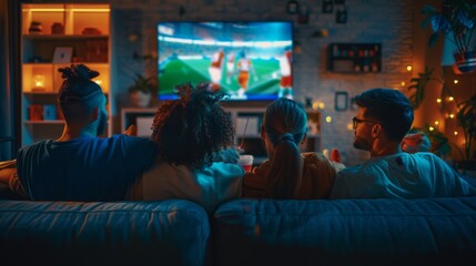Group of friends watching a sports game on TV. They cheer and chant for the team, celebrate winning the match. Cozy room with snacks and drinks.