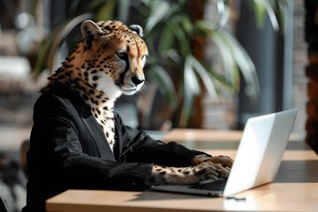 Cheetah in Business Attire A Dedicated Professional at Work on a Modern Desk