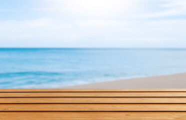 Isolated wooden table, blurred background, sea, beach for advertising