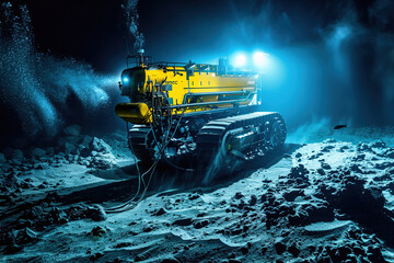 Underwater exploration vessel surveys ocean floor for rare minerals amidst deep-sea.