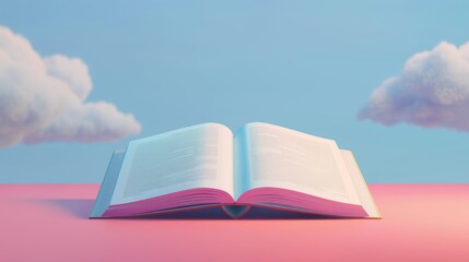 Open book against a sky background on a pink surface. Dreamy and inspirational concept for wallpaper and greeting card