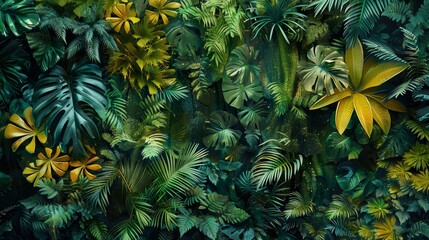Abstract jungle landscape with dense foliage and vibrant greens