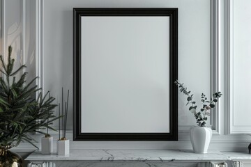 Vertical Black Picture Frame Mockup on a Wall - 3D Render