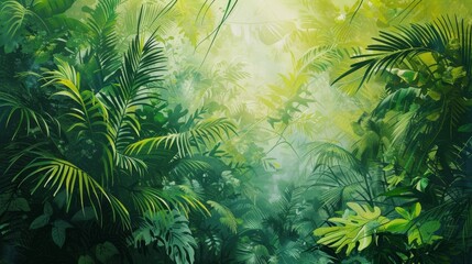 Abstract jungle landscape with dense foliage and vibrant greens