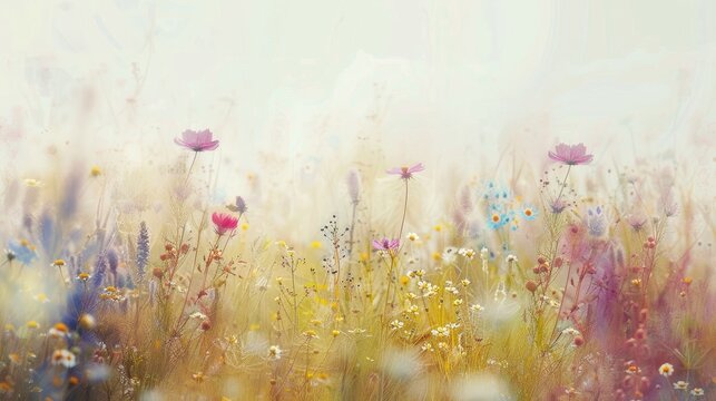 Abstract meadow scene with wildflowers and soft pastel hues