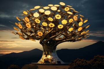 Illuminated, modern art tree sculpture stands against a dramatic sunset sky