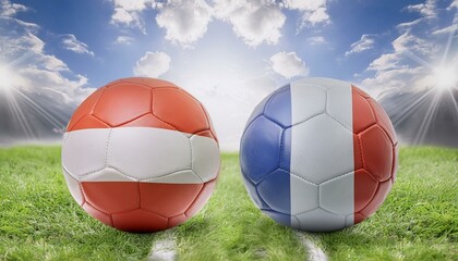 two football balls displaying the colors of Austria and France flags, symbolizing a friendly match between nations