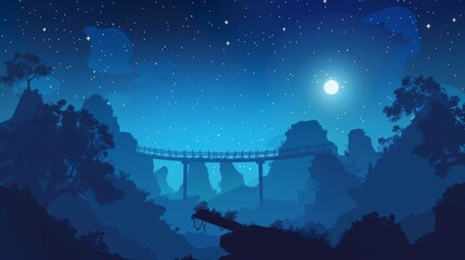 Night time mountain landscape with rock peaks, waterfalls, trees, and stars, cartoon modern illustration with log bridge between mountains edges.