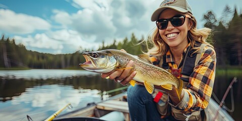 Female angler fisherman holding fish pulled from lake