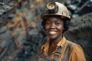 A woman wearing a hard hat and overalls, suitable for construction or industrial concepts
