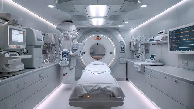 A hospital room containing a bed surrounded by various medical equipment and devices.