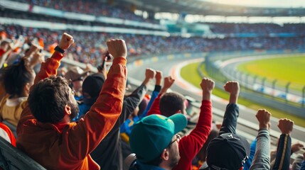 A group of spectators are cheering for their favorite driver during a race at a grandstand. The spectators wearing team colors The photo convey a sense of excitement, anticipation, or support.
