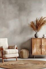Scandinavian elegance beige armchair and wooden cabinet in modern living room