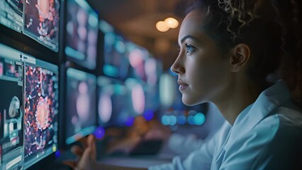 A woman standing, viewing a large wall of TV screens attentively. The screens display various channels and images.