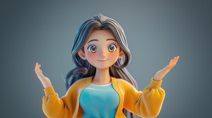 A 3D character of a woman boasting long brown hair, attired in a sweater, presenting a product with an inviting open-handed gesture, against a solid gray background.