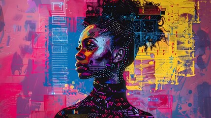 Vibrant Mixed Media Digital Portrait of a Female African American Computer Programmer in a Futuristic Urban Setting