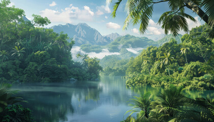 A lush green forest with a river running through it by AI generated image