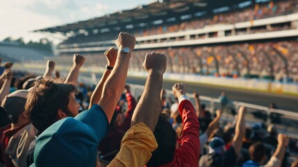 A group of spectators are cheering for their favorite driver during a race at a grandstand. The...