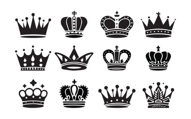 A collection of black crowns silhouette on a white background.Crown icons set., Crown symbol collection with Vector illustration