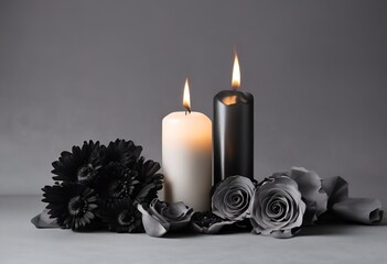 black flowers and black and white burning candles on dark gray background for obituary notice, funeral announcement, necrology