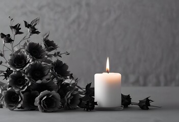 black flowers and white burning candle on dark gray background for obituary notice, funeral announcement, necrology