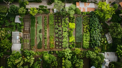 Fototapeta premium Aerial View of Community Garden in City Park with Thriving Vegetable Plots