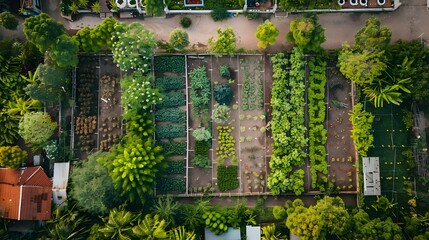 Aerial View of Community Garden in City Park with Cultivated Vegetable Plots