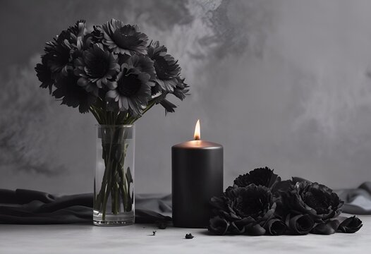 black burning candle and black flowers in transparent vase on dark gray background for obituary notice, funeral announcement, necrology