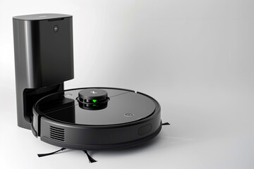 Fototapeta premium A sleek and compact robotic vacuum cleaner with intelligent obstacle detection and a large dustbin isolated on a solid white background.