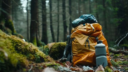 Obraz premium A backpack is placed on the ground in the center of a dense forest surrounded by trees and foliage.