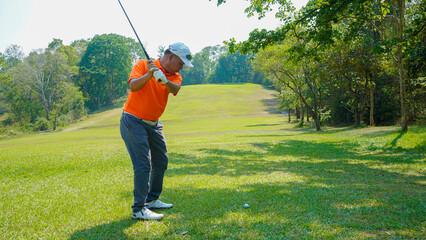 Golfer are playing game golf and hitting go on green grass mountain background.