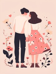 Back view of young couple holding hands and being in love on Valentine's Day.