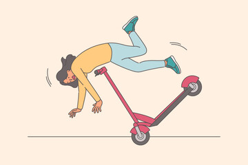 Careless woman falls from scooter and risks injury due to violations safety rules and lack of helmet