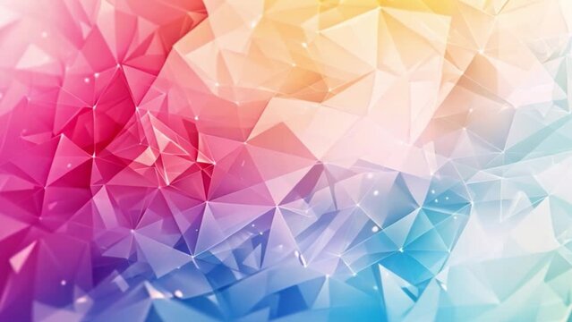 A vibrant blend of pink, orange, and blue hues in a geometric polygonal pattern with light flares.