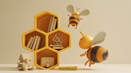Honeycomb Bookshelf with Mathematical Symbols and Whimsical Bee