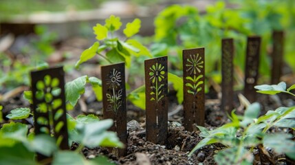 Several plant markers arranged in a group, placed in the dirt in a garden or nursery setting.