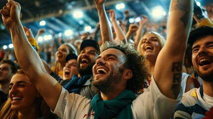 Sport match. view of football, soccer fans cheering their team with colorful scarfs at crowded stadium at evening time. Concept of sport, cup, world, team, event, competition