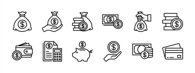 Money, budget, savings, loan, cash, earning, income, wallet, currency, dollar, card, coin, revenue, piggy bank, and profit icon set. Finance business thin line icon collection