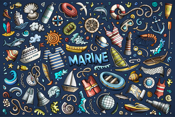Vector doodle cartoon set of Marine theme items, objects and symbols