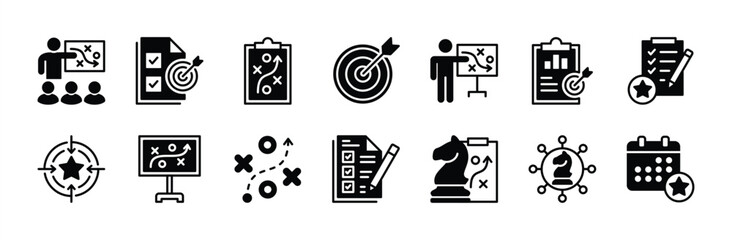 Action plan icon set. Containing planning, strategy, goal, target, schedule, analysis, objective, tasks, connection, collaboration, implementation, step, presentation, teamwork. Vector illustration © Vilogsign