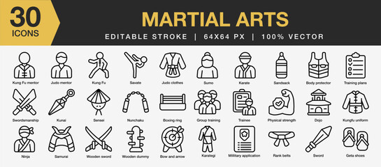 Set of 30 Martial art icon set. Editable Stroke Icon Collection. Includes Mentor, sandsack, body protector,  trainee, boxing ring and More. Outline icons vector collection.